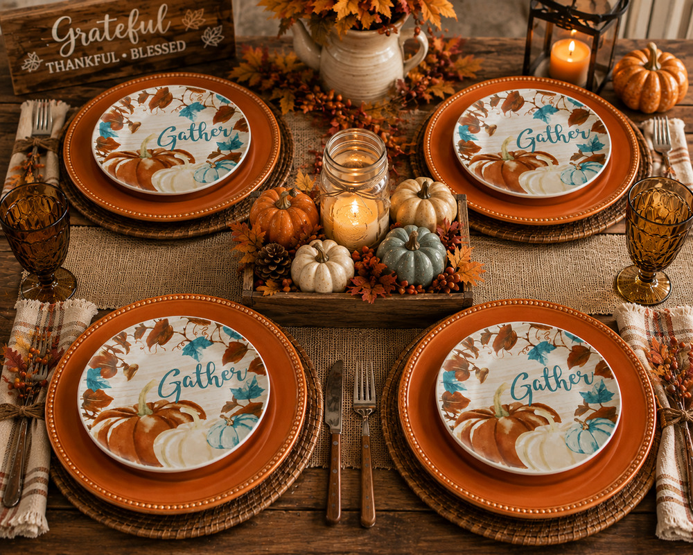 Royal Norfolk Gather Pumpkin Fall Salad Plates 7.5" Set of 4 Thanksgiving Autumn